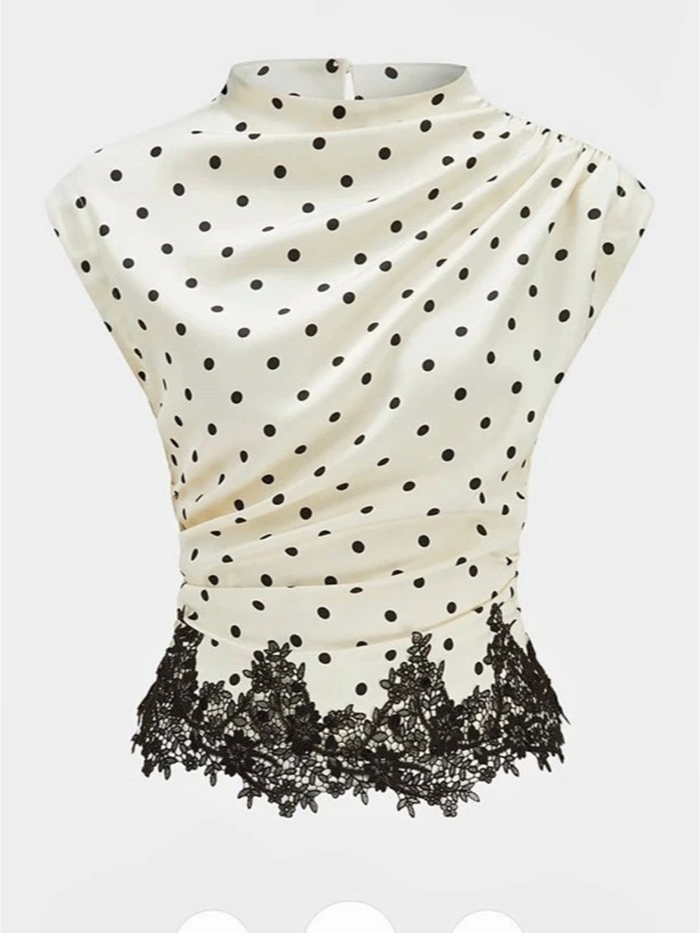 Commense Polka Dot Ruched Lace Hem Sleeveless Blouse in White & Black